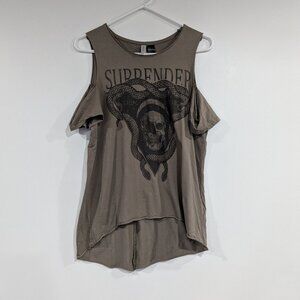 H&M Skull Snake "Surrender" Graphic Cold Shoulder Tee Olive Green Size Small